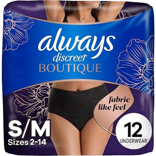 Always Discreet Boutique Incontinence and Postpartum Underwear for Women, Maximum Protection, Small/Medium, Black, 12 Count