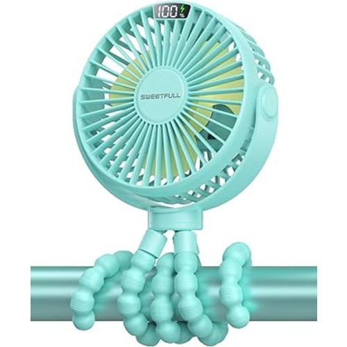 SWEETFULL Portable Stroller Fan, LED Display 6000mAh Battery Operated Mini Clip Fan, 4 Speed Rechargeable Small Personal Fan Handheld Desk Cooling Fan For Car Seat Crib Treadmill Travel(Cyan)