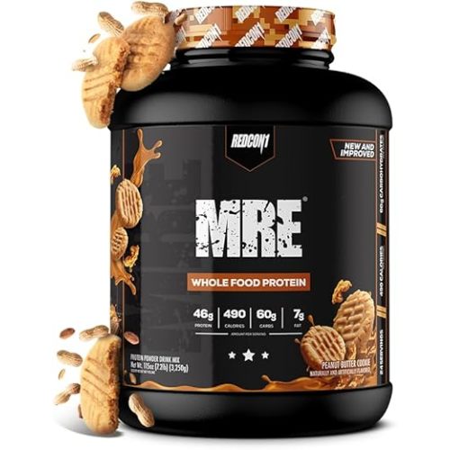 REDCON1 MRE Whole Food Protein Powder, Peanut Butter Cookie - Meal Replacement Made with Animal and Plant Based Protein Sources, Nutrient and Calorie Dense, 0g Added Sugar (24 Servings)