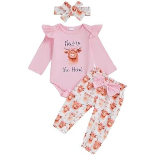 Fernvia Western Newborn Baby Girl Clothes Long Sleeve Letter Print Romper Animal Print Pants Headband 3Pcs Outfits Sets