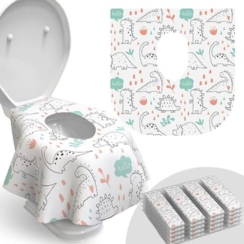 Disposable Toilet Seat Cover for Travel – 20 Pack with Covers Wrapped in Sets of 2, Non-Flushable Liners, Fits Most Seats – Kids, Toddlers, Adults (Dinosaurs, 20)
