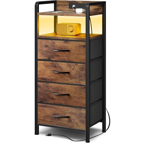 Night Stand Bedside Table Bedroom - Tall Nightstand with Charging Station & LED Light Strip, Bed Side Table with Storage Shelf & 4 Drawers, End Table with U-S-B Ports & AC Outlets, Brown