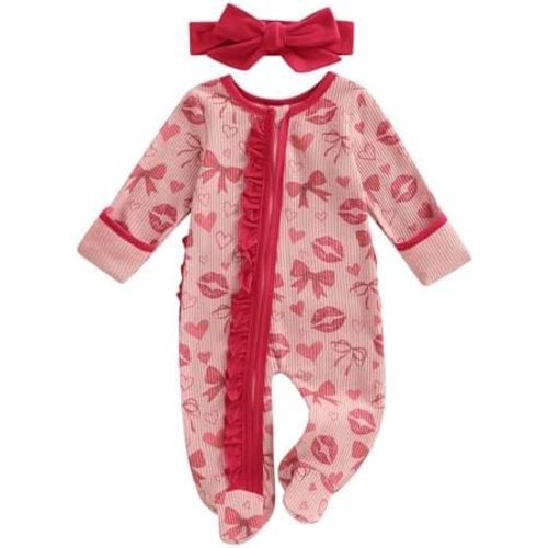 Newborn Girl Valentines Outfit Heart Lip Print Romper Ruffled Zipper Footed Baby Jumpsuit + Bow Headband