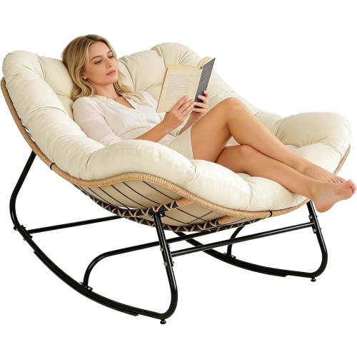 SUNCROWN Oversized Wicker Rocking Chair Indoor Outdoor, 450 LBS Heavy Duty Patio Papasan Egg Chair with Cushion, E-Coated Frame Lounge Rocker for Balcony Porch Garden Living Room, Beige