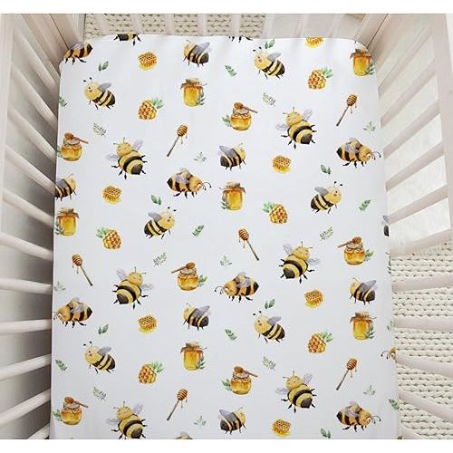Bee Honey Baby Crib Sheets Neutral for Standard Crib Mattress Pads Cartoon Bee Honeycomb Fitted Crib Sheet Nursery Crib Mattress Cover Boys Girls Toddler Bed Sheet Stretchy Breathable Nursery Bed