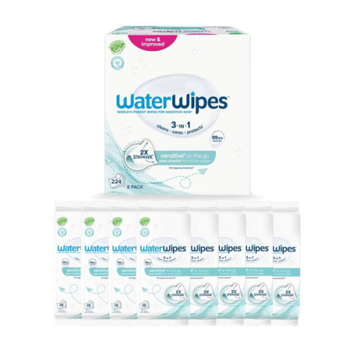 WaterWipes Sensitive+ On The Go Wipes, 3-In-1 Cleans, Cares, Protects, 99.9% Water, Unscented & Hypoallergenic Wet Wipes, 224 Count (8 Packs)