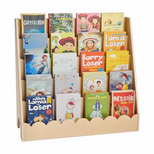 VEVOR 5-Tier Montessori Bookshelf, Scalloped Kids Bookcase, Wooden Book Shelf with 2 Dual Hooks, Daycare Furniture Display Bookshelf for Bedroom, Living Room, Entryway, Nursury, Preschool