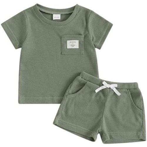 Toddler Baby Boy Summer Clothes Solid Color Waffle Short Sleeve T-shirt Shorts Set Infant Summer Outfit 2pcs