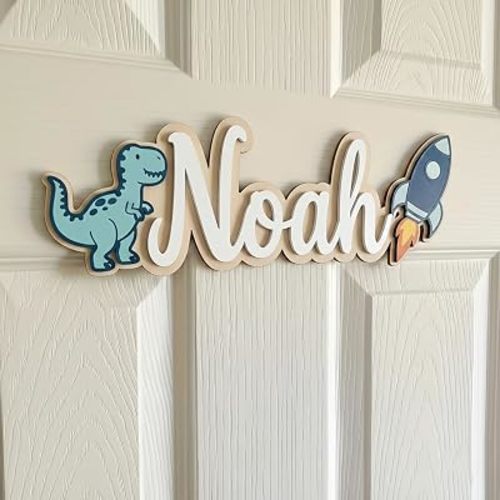 Personalized Kids Name Sign Wooden Door Sign for Boys, Custom Dinosaur Rocket Nursery Name Decor, Personalized Baby Name Wall Decor for Bedroom, Nursery or Playroom，Custom name decals for walls