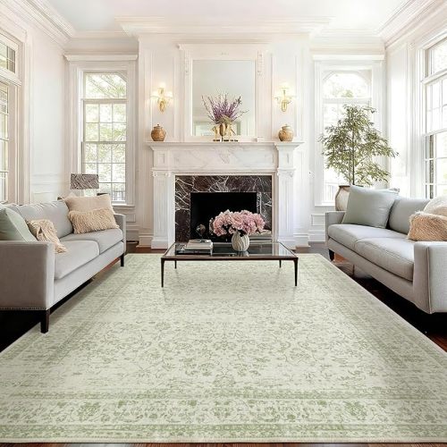 BILEEHOME Sage Green Rug for Bedroom,Boho Floral Print Washable Cottage Core 8x10 Area Rugs for Living Room,Light Green