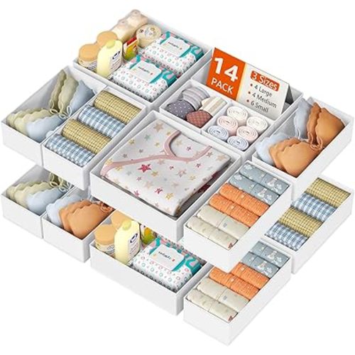 DIMJ Drawer Organizer Clothes 14 Pack - Foldable Baby Organizers and Storage & Dresser Organizer for Bedroom, Closet - Nursery Organization Dresser Dividers for underwear, Sock,Bra, Belt, Tie, White