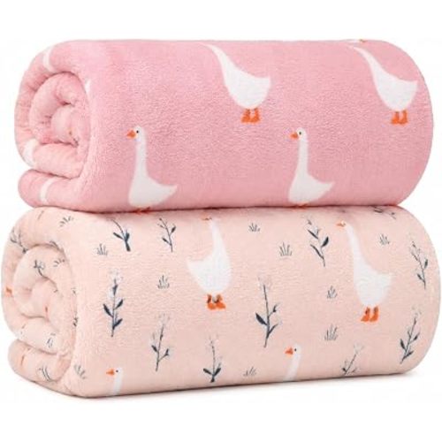 2 Pack Baby Blanket for Boys and Girls, 30 x 40 Inch Soft Flannel Fleece Receiving Blankets, Pink Goose Print Newborn Stroller Crib Blankets, Baby Boy Girl Essentials