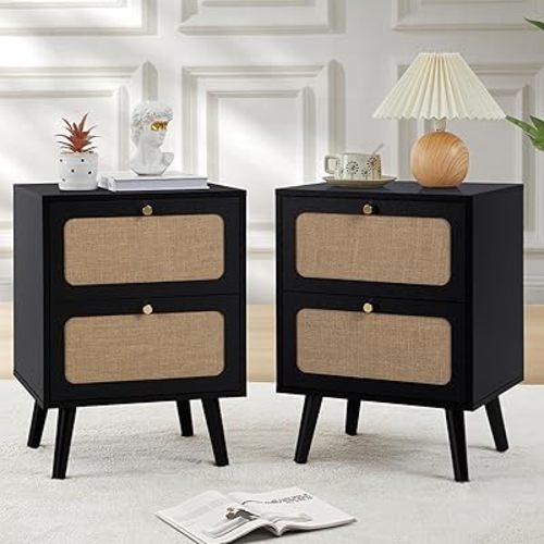 AVZEAR Mid Century Night Stand Set of 2, Modern Nightstand with 2 Drawers & Curved Linen Panel, Farmhouse End Table Wood Bedside Table Small Side Tables for Small Space, Bedroom(Black)