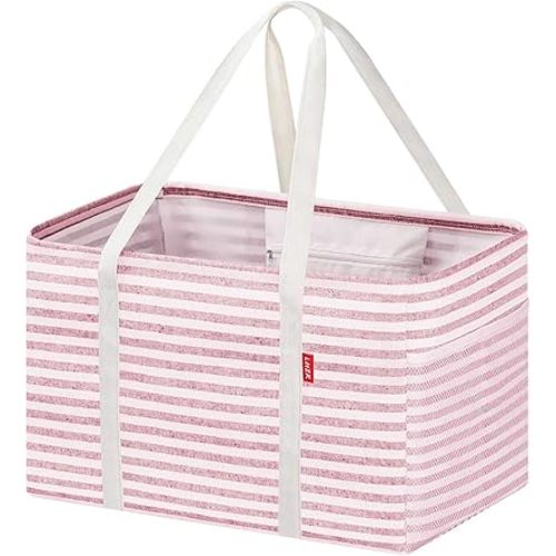 LHZK Standing Utility Tote Bag with Metal Wire Frame and the Sides Rinforced, Large Tote Bag with Handle, Reusable Grocery Bags Foldable, Beach Bag, Car Tote (Pink, 18.5''x11.8''x11.5'')