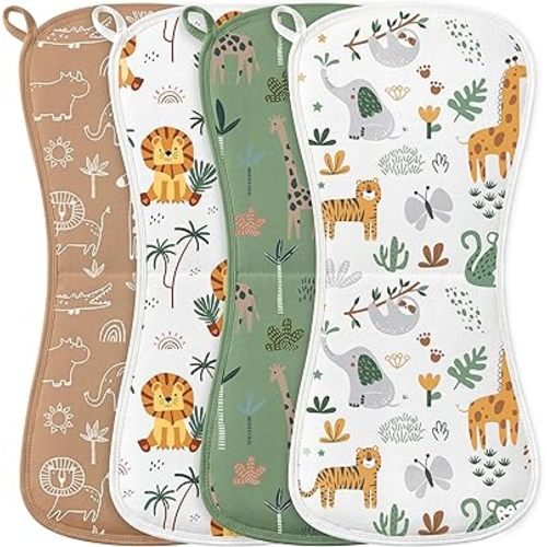 Burp Cloths Baby Boy, Large 21'' X 10'' Cotton Burping Cloths for Babies, Ultra Soft and Absorbent Burp Rags, 4 Pack Set Washcloths Newborn Spit Up Rags Green Animal