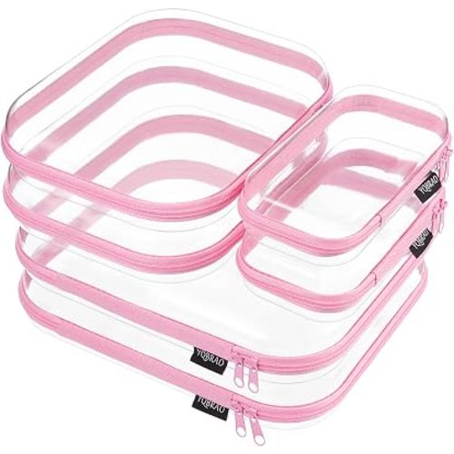 YQBRAO Estuche rígido transparente con cremallera, bolsa de cosméticos de viaje, artículos de tocador y maquillaje, contenedores de almacenamiento de juguetes con cremallera de 6 piezas, Rosa, Funda