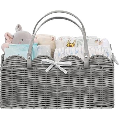 HBlife Baby Diaper Caddy Organizer, Large Portable Scalloped Plastic Wicker Woven Basket with Divider, Nursery Diaper Station, Baby Shower Gifts Basket, Car Organizer, Washable Waterproof
