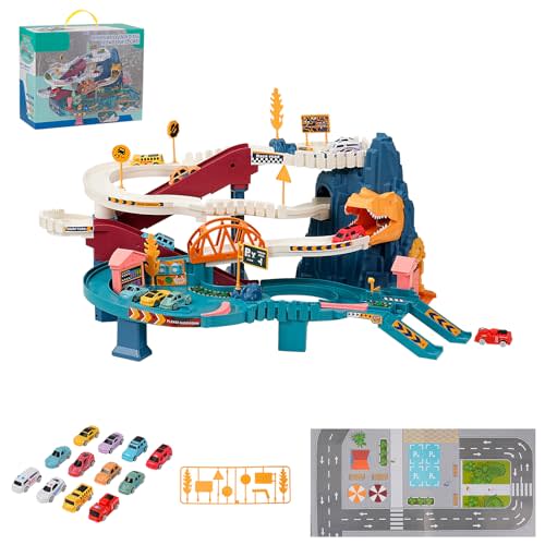 Toy Car Ramp Track, Climbing Hills Railcar Colorful Vehicles Construction Play Set with 12 Mini Racer Cars for Kids 3+(Dinosaur)