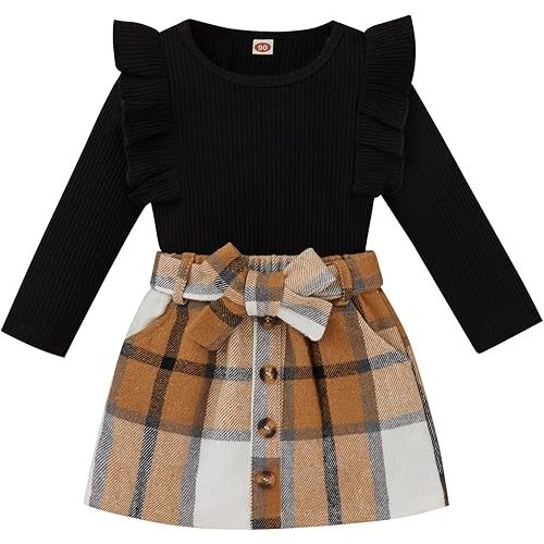 fhutpw Baby Toddler Girl Outfits Fall Winter Clothes Turtleneck Knitted Cotton Long Sleeves Tops & Button Mini Skirts Set