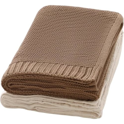2-Pack Premium Baby Blankets, Soft Textured Knit Swaddle Blanket & Natural Muslin Cotton Receiving Blanket, Lightweight Wrap for Newborn Boys Girls, Thoughtful (Khaki)