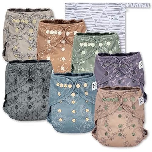 Nora's Nursery Cloth Diaper Cover, Reusable Cover with Snap Closure for Flat or Fitted Inserts - 7-Pack with Wet Bag - Modern Bloom