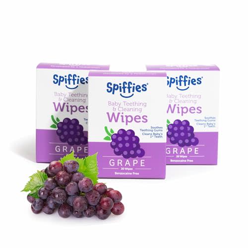 Spiffies Baby Teeth Wipes - Grape Flavor, Xylitol-Enriched Baby Gum Cleaner & Dental Wipes for Teething Relief and Teeth Cleaning - Safe for Infants & Toddlers, 20 Count (Pack of 3)