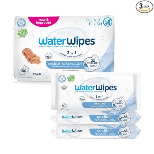 WaterWipes Sensitive+ Newborn & Baby Wipes, 3-In-1 Cleans, Cares, Protects, 99.9% Water, Unscented & Hypoallergenic, 180 Count (3 Packs)