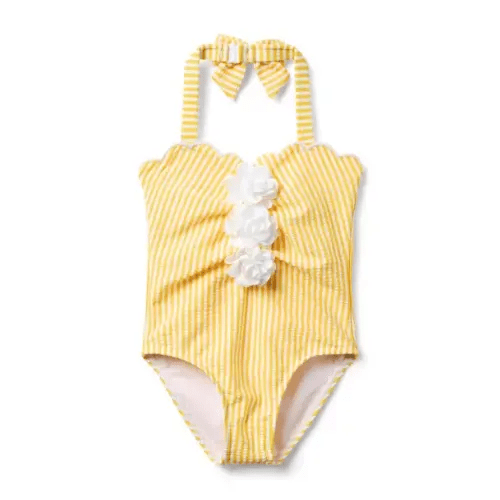 Girl Sunny Yellow Stripe Recycled Seersucker Rosette Swimsuit by Janie and Jack