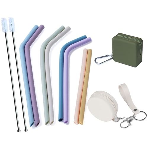4-Size Reusable Silicone Straws with Travel Keychain Cases-Portable Collapsible For Cruise Ships, Short-Long Size For 4-20 oz Tumblers,Kids Toddlers Adults, Standard&Wide For Regular Liquid&Smoothie