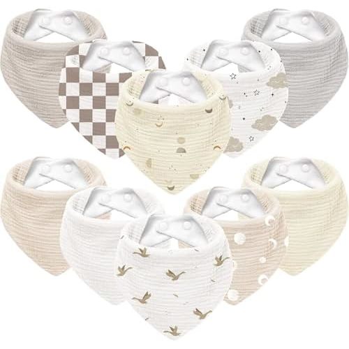 Susurration Muslin Baby Drool Bibs 10Pack Soft Triangular Adjustable Bandana Bibs for Unisex Baby Girls & Boys