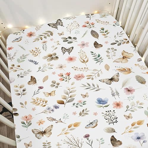 Botanic Gardens Baby Crib Sheets for Boy Girl 52"x28" Beige Floral Butterflies Soft Stretchy Fitted Crib Mattress Covers Boho Spring Wildflowers Leaves Baby Sheet for Crib and Toddler Bed Mattresses