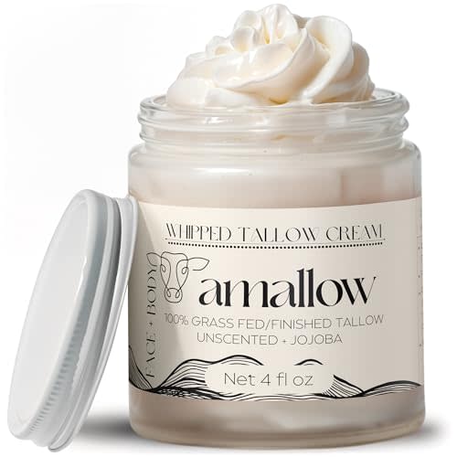 Amallow 100% Grass Fed Beef Tallow for Skin Care - Face + Body - Whipped Moisturizer for Sensitive Skin - Natural Lotion, 4 FL. oz. (Unscented + Jojoba Oil)