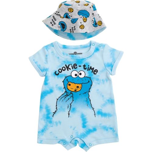 Sesame Street Elmo Cookie Monster Big Bird Romper and Bucket Sun Hat Newborn to Toddler
