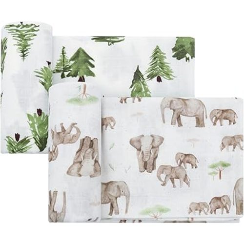 LifeTree Muslin Swaddle Blankets, Baby Swaddling Wrap Nursery Blanket Unisex, Soft 70% Viscose from Bamboo and 30% Cotton, Large 47 x 47 inches, Bear & Checkered Swaddle Blanket