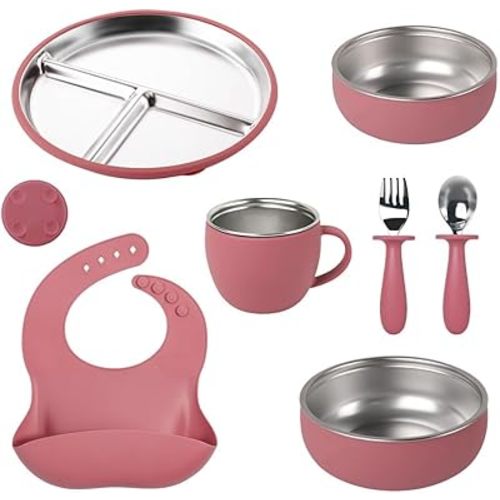 7 Pcs Stainless Steel Kids Plates and Bowls Set - BPA-Free Toddler Feeding Set with Divided Plate, Suction Base, Cup, Utensils & Bib - Dishwasher Safe, Removable Silicone Sleeve (rose red)