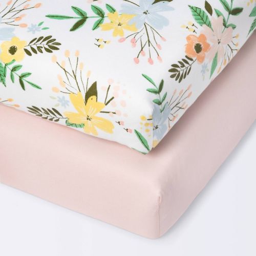 Cotton Fitted Mini Crib Sheet - Cloud Island™ - Meadow/Pink - 2pk: Botanical Floral Design, 200 Thread Count, Percale Construction