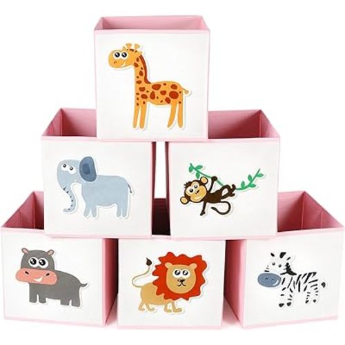 Berlune 6 Pcs Foldable Animal Cube Storage Box 10 x 10 Inch Cube Baskets Non Woven Fabric and Cardboard Kids Storage Bin Toy Organizer Box for Kids Nursery Toddlers