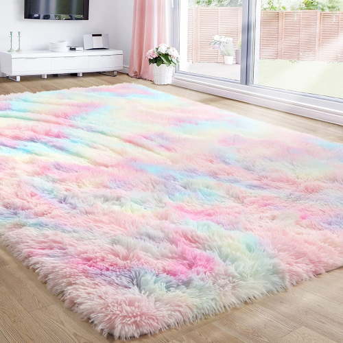 Softlife Soft Rainbow Area Rugs Fluffy Colorful Rugs Cute Floor Carpets Shaggy Playing Mat for Bedroom Home Decor,6'x9',Rainbow