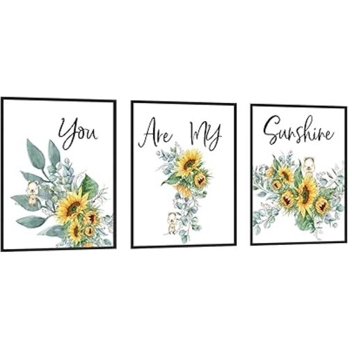 You Are My Sunshine Set of 3 Framed Wall Art Sunflower Canvas Posters Prints, Home Nursery Decor for Baby Girls and Boys