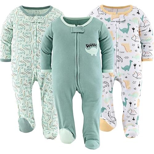 The Peanutshell Baby Sleepers for Boys Set of 3 - Soft Cotton Footed Pajamas for Newborns & Infants - Green Dino