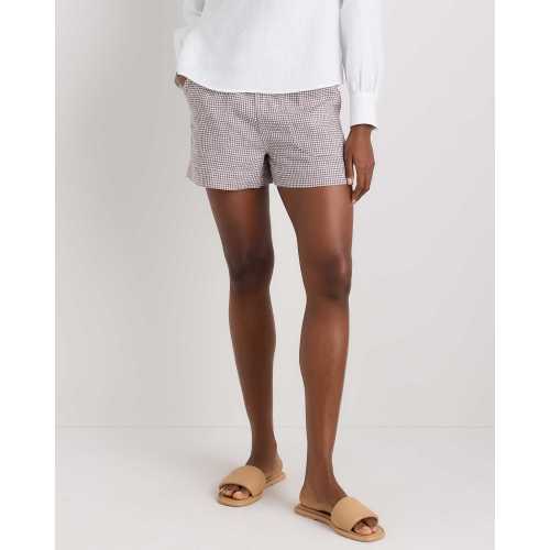 Women's 100% European Linen Shorts in Taupe Brown Gingham