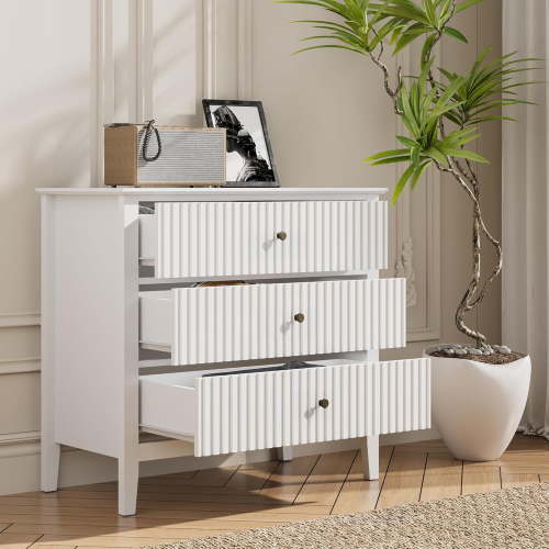 SUNVIVI Large Fluted 3 Drawer Dresser, Wide Chest of Drawers with Ball Bearing Slide Modern Nightstand Cabinet Wood Dresser with Spacious Storage for Bedroom, Hallway, Living Room, Entryway, White