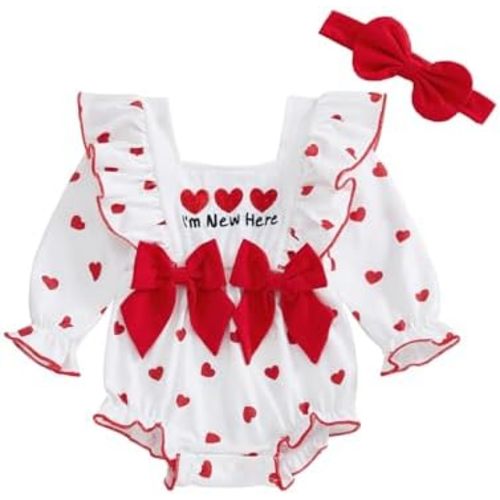 Dcohmch Baby Girls Valentines Day Outfit Heart Print Bow Ruffles Long Sleeve Romper Cute Headband Newborn Clothes