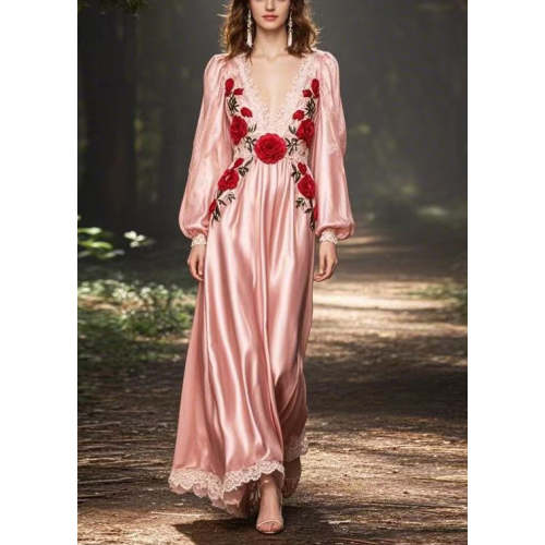 Novelty Pink V Neck Floral Patchwork Silk Long Dress Spring