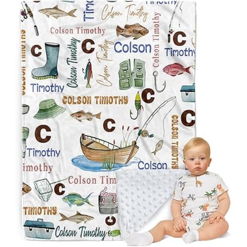 Personalized Baby Blanket - Fishing Angling Theme with Multi-Fonts Names - Custom Soft Plush Double Layer Blankets with Dotted Backing for Boys Girls Gifts Color22