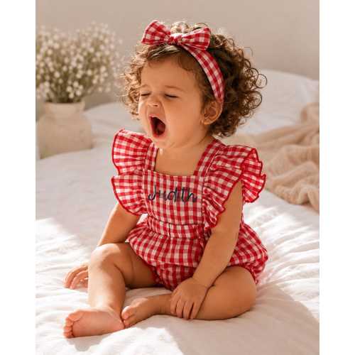 Personalized Baby Girl Romper with Name Embroidery | Red Gingham Ruffle Romper & Bow Headband | Newborn Baby Shower Gift | Patriot Bab