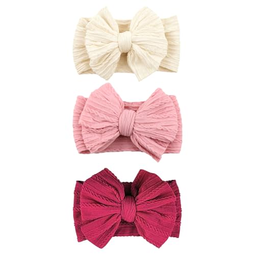 3 Pcs Beige Pink Red Baby Bows Headbands Soft Nylon Hairbands Super Elastic Headband Hair Accessories For Baby Girls Infant Toddler Essentials Valentine'S Day (Beige Pink Red)