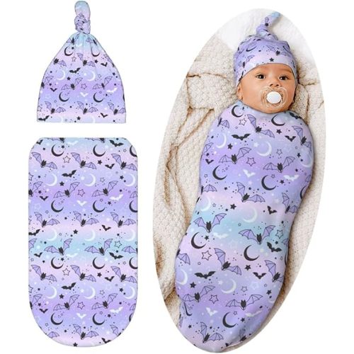 Halloween Gothic Swaddle Blanket Hat Set for Boys Girls, Soft Bat Moon Goth Baby Stuff Newborn Swaddle Wrap Receiving Blanket Shower Gift