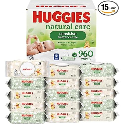 Huggies Natural Care Sensitive Baby Wipes, Unscented, Hypoallergenic, 99% Purified Water, 15 Flip-Top Packs (960 Wipes Total)