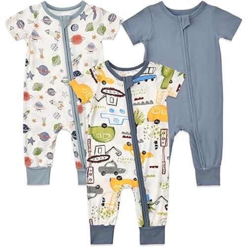 Aablexema Baby Short Sleeve Footless Romper 3-Pack Rayon of Bamboo 2 Way Zipper One Piece Pajamas Jumpsuits for Boys Girls